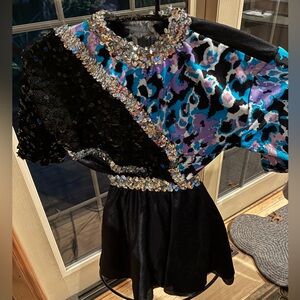 Dansco Black Blue Silver‎ Embellished  2pc Sz. 8-10 Dance Costume